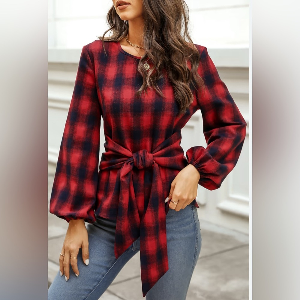 Helah Belted Buffalo Plaid Top